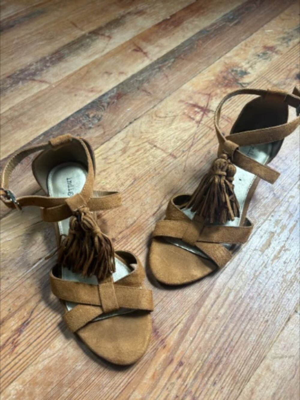 Indigo Road Women's Brown Suede Tassel Ankle Strap Heels Sandals